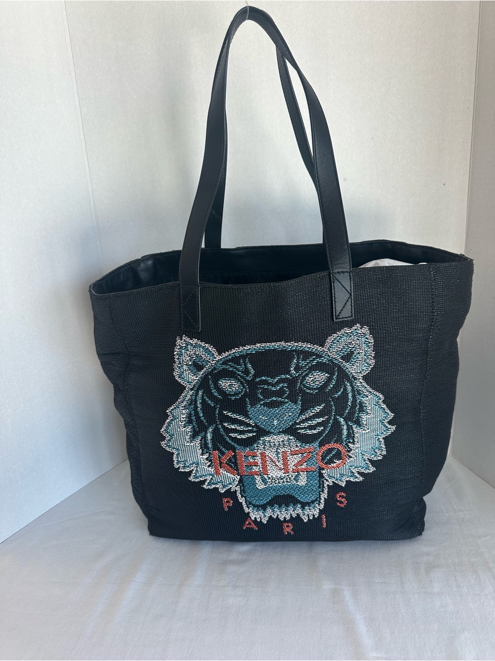 Kenzo Black Tote with Blue and Coral Embroidered Tiger